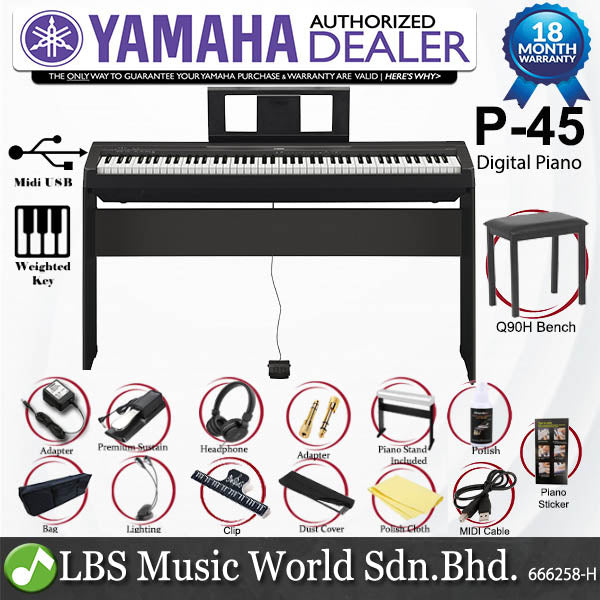 Yamaha P-45 88 Key Digital Piano Deluxe Plus Package Keyboard (P45 / P 45)
