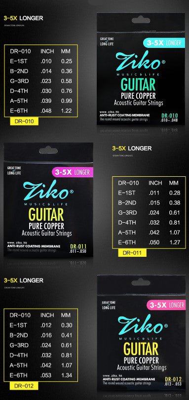 Ziko DR-012 Acoustic Guitar String Anti Rust Coated Pure Cooper Normal Gauge (12-53)