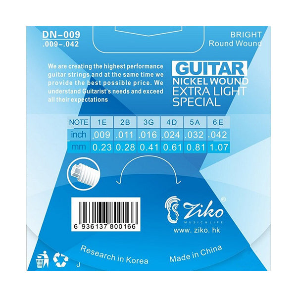 Ziko DN-009 Electric Guitar Strings Nickle Wound Extra Light Special Bright Tone 3 Set (009-042)
