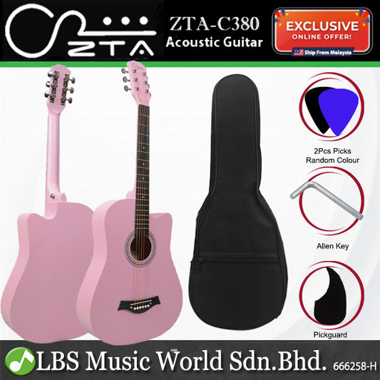 ZTA 38 Inch Acoustic Guitar Wood Cutaway Starter Pack Folk Guitar Package - Pink