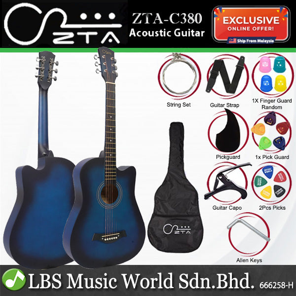 ZTA 38 Inch Acoustic Guitar Burst Cutaway Starter Pack Folk Guitar Package - Blue