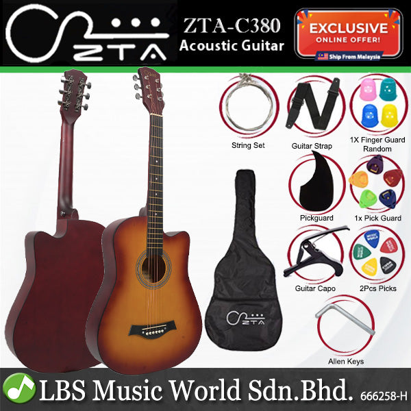 ZTA 38 Inch Acoustic Guitar Cutaway Starter Pack Folk Guitar Package - Sunburst