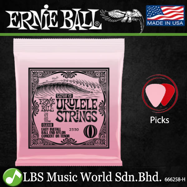 Ernie Ball 2330 2327 Clear Nylon and Black Nylon Ball End Low G Ukulele Strings for Concert or Tenor