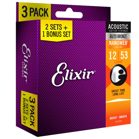 Elixir 16539 Nanoweb Acoustic Guitar String Bronze Light Bright Smooth 3 Pack (12-53)