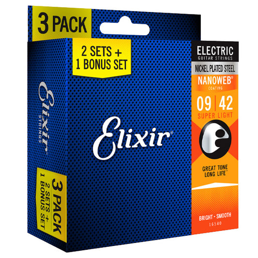 Elixir 16540 Nanoweb Electric Guitar String Super Light Bright Smooth 3 Pack (09-42)