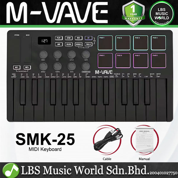 M-VAVE SMK-25 25 Keys Portable Wireless Midi Keyboard with 8 RGB Pads (SMK25)