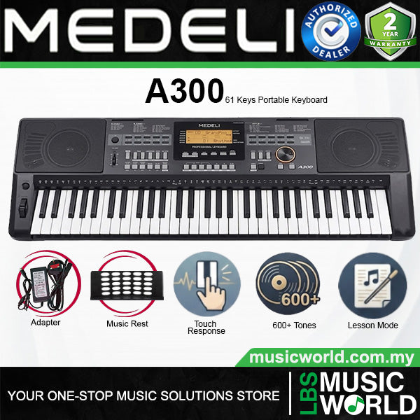 Medeli A300 61 Key Portable Keyboard Complete Package with Original Adapter