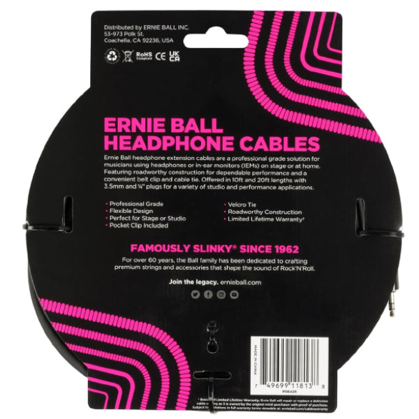 Ernie Ball 20 Foot Classic Series Headphone Extension Cable Straight for Studio and Live Audio Setup (6425)