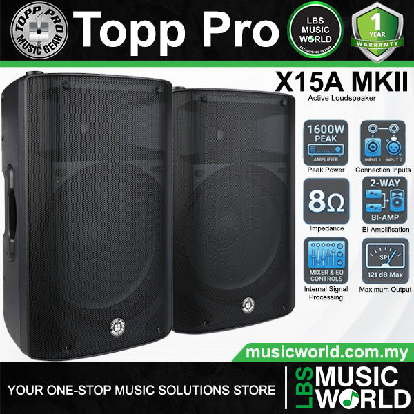 Topp Pro X15A MKII 15 Inch 1600 Watt 2 Way Active Ported Powered Loudspeaker Built in Bluetooth