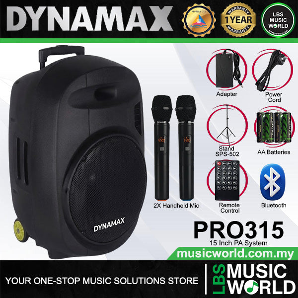 Dynamax PRO315 180 Watt 15 Inch Active Bluetooth Speaker System with 2 Wireless Handheld Microphone