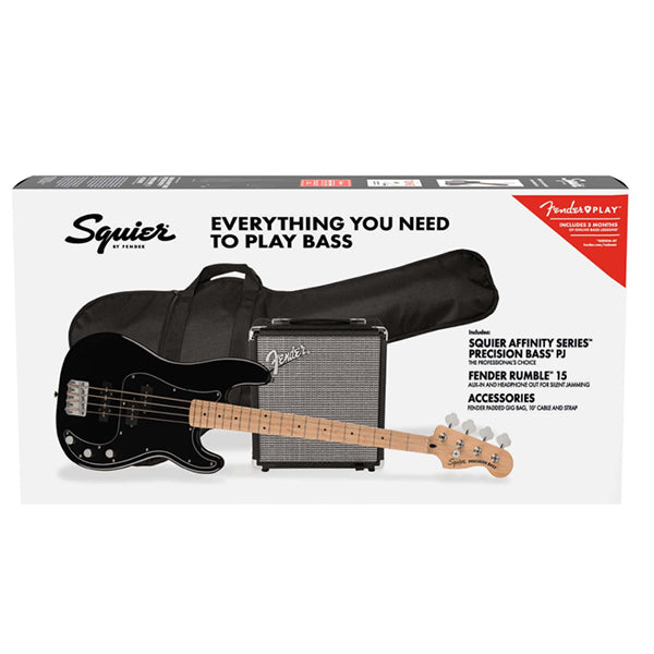 Squier by Fender 4 String Affinity Series PJ Bass Guitar Pack Maple Fretboard with 15W Amplifier - Black