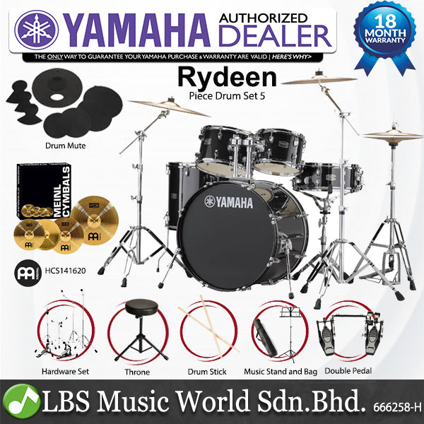 Yamaha Rydeen RDP2F5 5 Piece Acoustic Drum Set With Cymbal Package and Double Pedal - Black