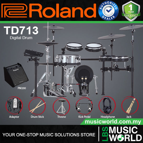 Roland TD713 Digital Electronic V-Drums 7 Series Kit Package with Studio Monitor Amplifier