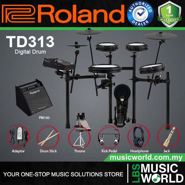 Roland TD313 Compact Digital Electronic V Drum 3 Series Kit Package with PM-100 Amplifier