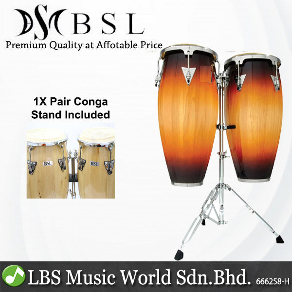 BSL Full Size Conga Natural Percussion Drum Pair Congas Set Adjustable Tunable With Double Stand