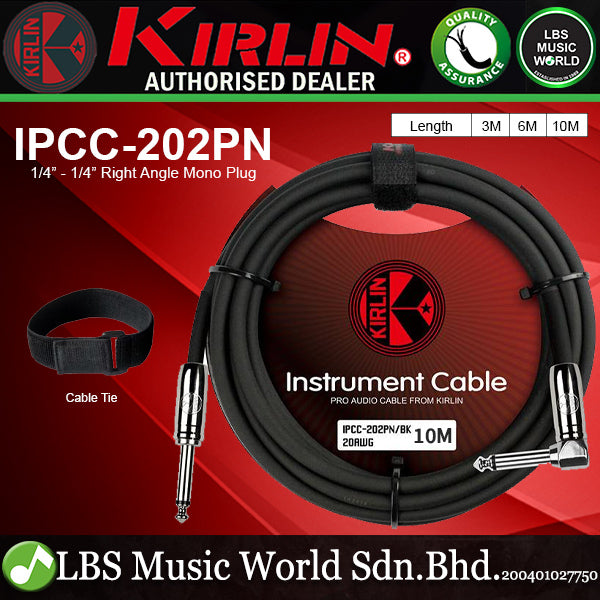 Kirlin Cable IPCC-202PN Right Angle L Mono Instrument Cable For Electric Acoustic Bass Guitar Speaker Amp Keyboard Bass Amplifier Drum - Black