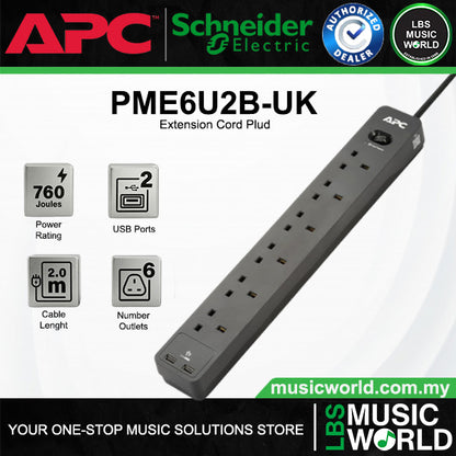 APC PME6U2B-UK Power Surge Protector 6 Way Extension Socket With 2 USB A (PME6U2BUK PME6BUK)