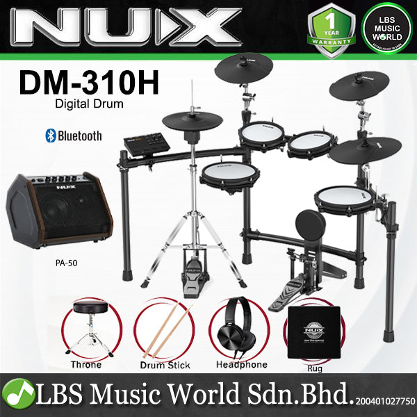 Nux DM-310H Full Set Digital Electronic Drum Kit with Bluetooth and Dual Mesh Head (DM310H DM 310H)