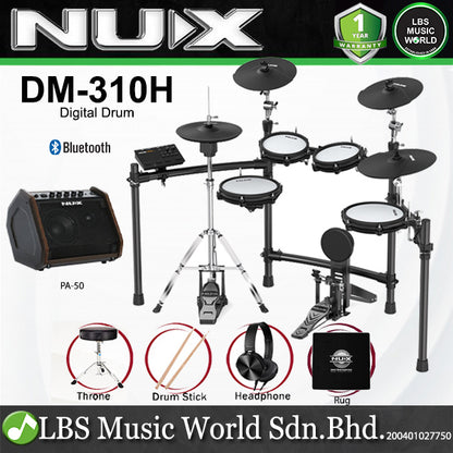 Nux DM-310H Full Set Digital Electronic Drum Kit with Bluetooth and Dual Mesh Head (DM310H DM 310H)