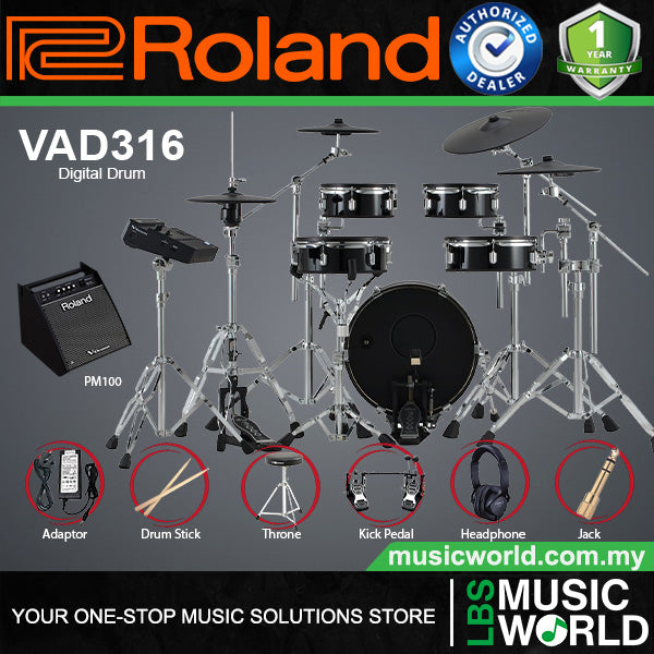 Roland VAD316 Digital V-Drums Acoustic Design 5 Pieces Electronic Drum Set Package with Amplifier