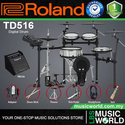 Roland TD516 Digital Electronic V-Drums Kit Package with Amplifier and Expandable V51 Module