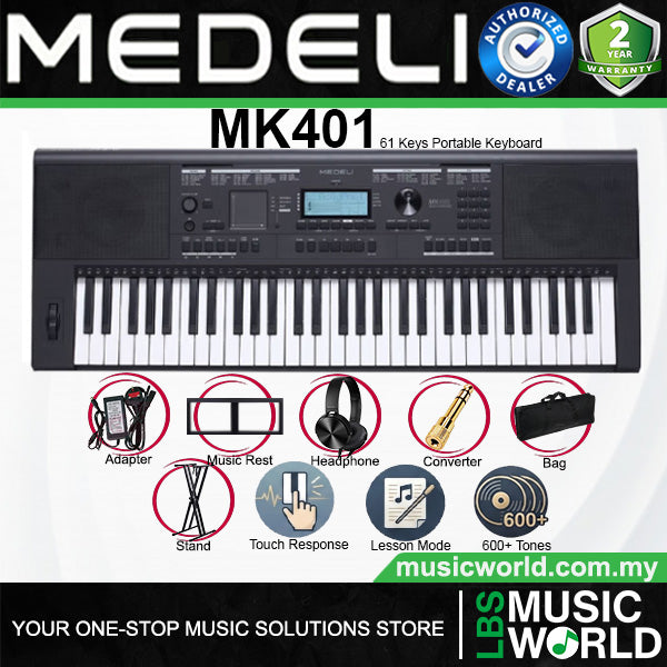 Medeli MK401 61 Keys Portable Keyboard Full Complete Package with Touch Response - Black