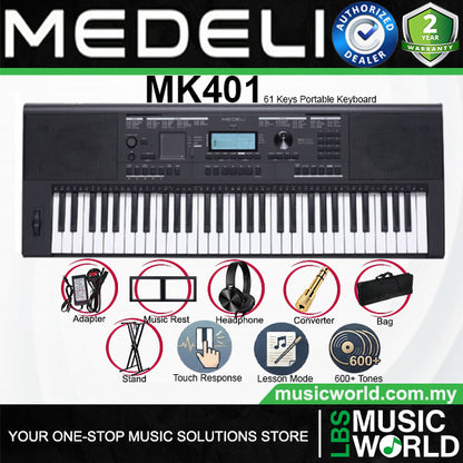 Medeli MK401 61 Keys Portable Keyboard Full Complete Package with Touch Response - Black
