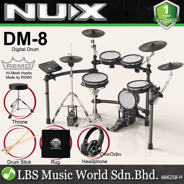 NUX DM-8 5 Piece Professional Digital Electronic Drum Set with Remo Mesh Head (DM8 DM 8)