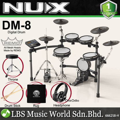 NUX DM-8 5 Piece Professional Digital Electronic Drum Set with Remo Mesh Head (DM8 DM 8)