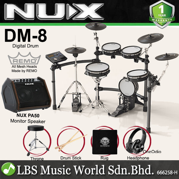 NUX DM-8 5 Piece Professional Digital Electronic Drum Set with Remo Mesh Head (DM8 DM 8)