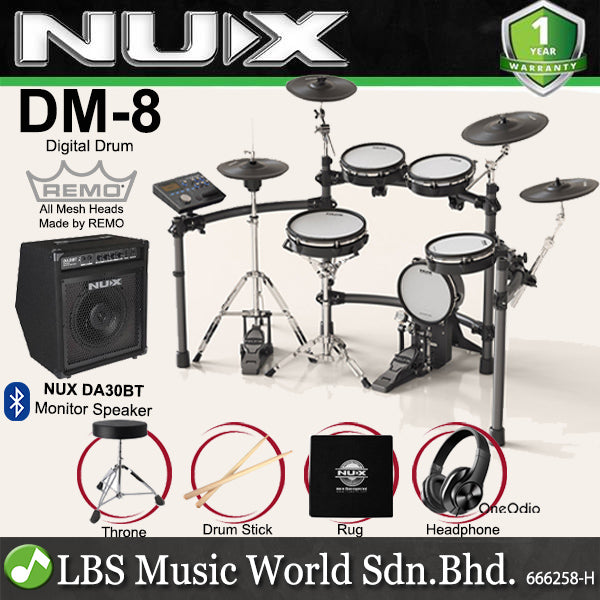 NUX DM-8 5 Piece Professional Digital Electronic Drum Set with Remo Mesh Head (DM8 DM 8)