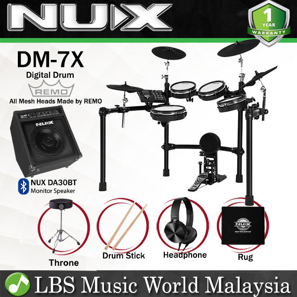NUX DM-7X 5 Piece Full Mesh Digital Electronic Drum Set Head by Remo with DA-30BT Monitor Speaker (DM7X DM7 DM 7X DA30 BT)