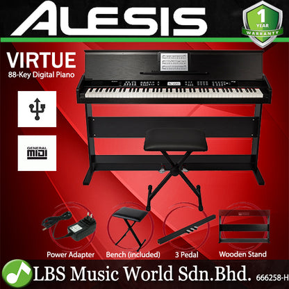 Alesis Virtue 88 Key Digital Piano with Wood Stand & Adjustable Bench with 3 Pedal and Velocity Touch Response
