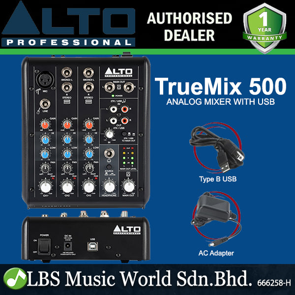 Alto Professional TrueMix 500 Portable 5 Channel Analog Mixer with USB 48V Phantom Power (True Mix)