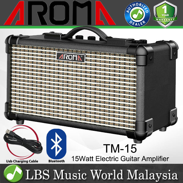 Aroma TM-15 15 Watt Mini Amp Electric Guitar Amplifier Speaker With Bluetooth and Rechargeable Battery - Black (TM15)
