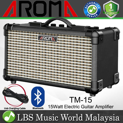 Aroma TM-15 15 Watt Mini Amp Electric Guitar Amplifier Speaker With Bluetooth and Rechargeable Battery - Black (TM15)