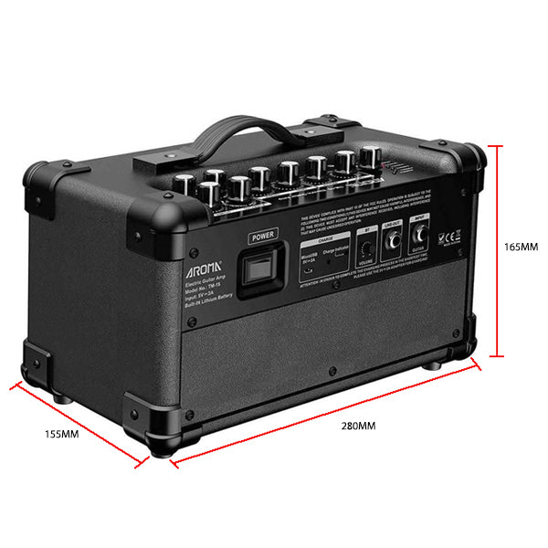 Aroma TM-15 15 Watt Mini Amp Electric Guitar Amplifier Speaker With Bluetooth and Rechargeable Battery - Black (TM15)