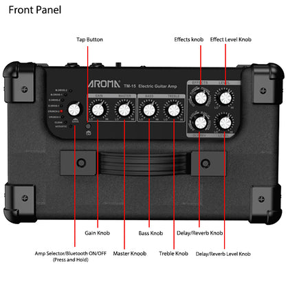 Aroma TM-15 15 Watt Mini Amp Electric Guitar Amplifier Speaker With Bluetooth and Rechargeable Battery - Black (TM15)