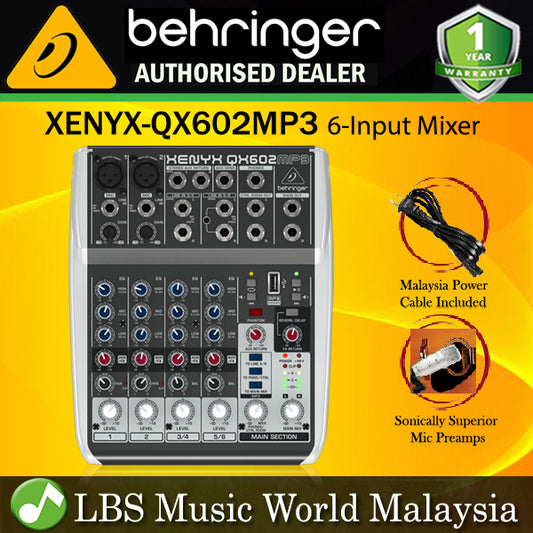 Behringer XENYX-QX602MP3 Premium 6 Input Portable Mixer with Mic Preamps and MP3 Player (QX602)