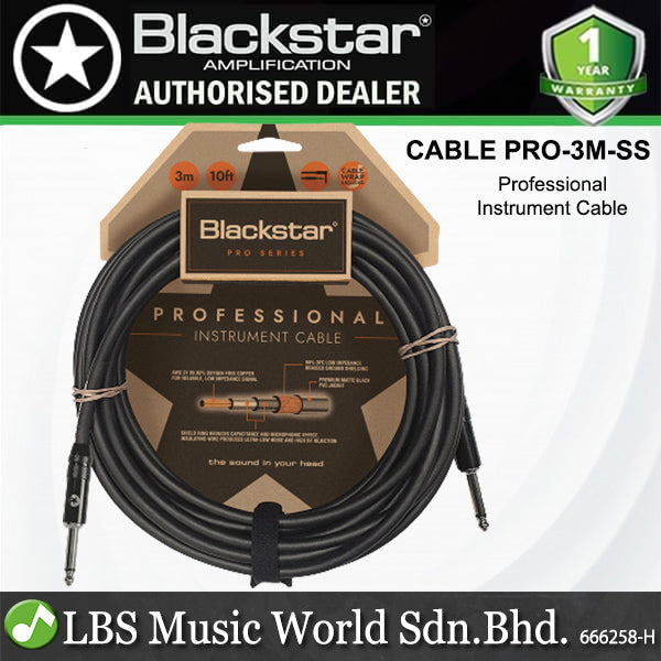 Blackstar CABLE-PRO-3M-SS 3M Straight 1/4Inch Jack To Straight 1/4 Inch Jack Professional Instrument Cable With Heavy Duty Nickel Plated Connectors Straight to Straight