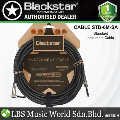 Blackstar CABLE-STD-6M-SA 6M Straight 1/4 Inch Jack To Angled 90˚ Angle 1/4 Inch Jack Standard Instrument Cable Heavy Duty Nickel Plated Connectors Straight to Angled