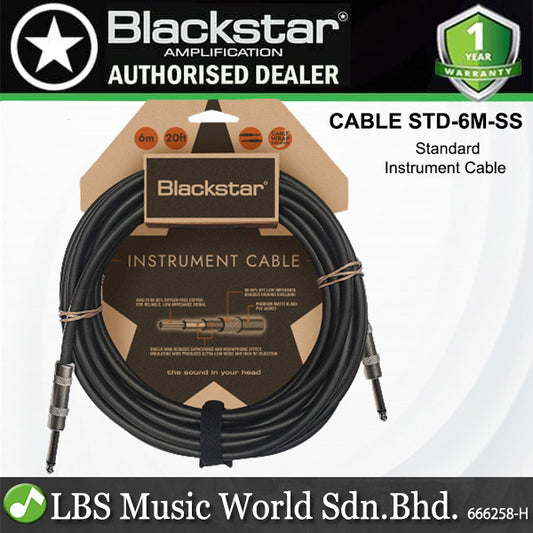 Blackstar CABLE-STD-6M-SS Blackstar 6M Straight 1/4 Inch Jack To Straight 1/4 Inch Jack Standard Instrument Cable Heavy Duty Nickel Plated Connectors Straight to Straight