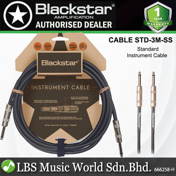 Blackstar CABLE-STD-3M-SS 3.0M Straight 1/4 Inch Jack To Straight 1/4 Inch Jack Standard Instrument Cable With Heavy Duty Nickel Plated Connectors Straight to Straight
