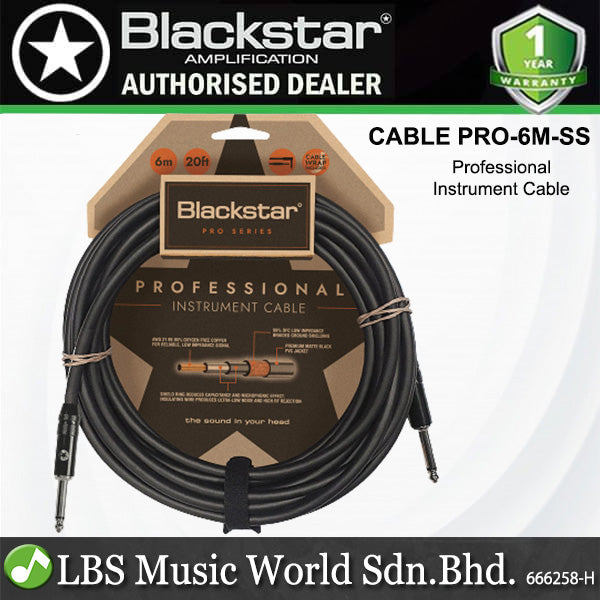 Blackstar CABLE-PRO-6M-SS 6M Straight 1/4 Inch Jack With Straight 1/4 Inch Jack Professional Instrument Cable Heavy Duty Nickel Plated Connectors Straight To Straight