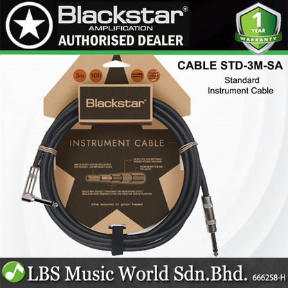 Blackstar CABLE-STD-3M-SA Blackstar 3M Straight 1/4 Inch Jack To Angled 90˚ Angle 1/4 Inch Jack Standard Instrument Cable Heavy Duty Nickel Plated Connectors Straight to Angled