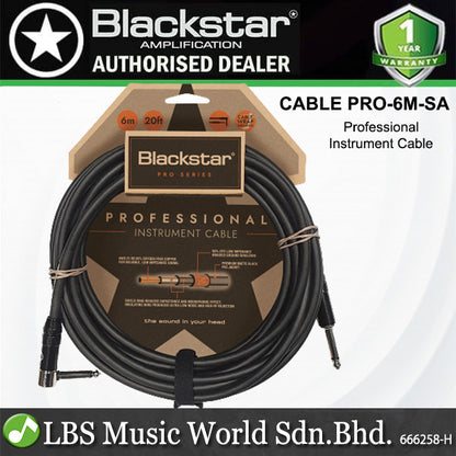 Blackstar CABLE-PRO-6M-SA 6M Straight 1/4 Inch Jack With Angled 90˚ 1/4 Inch Jack Professional Instrument Cable With Heavy Duty Nickel Plated Connectors
