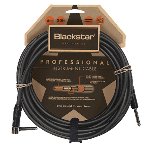 Blackstar CABLE-PRO-6M-SA 6M Straight 1/4 Inch Jack With Angled 90˚ 1/4 Inch Jack Professional Instrument Cable With Heavy Duty Nickel Plated Connectors