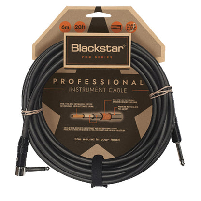 Blackstar CABLE-PRO-6M-SA 6M Straight 1/4 Inch Jack With Angled 90˚ 1/4 Inch Jack Professional Instrument Cable With Heavy Duty Nickel Plated Connectors