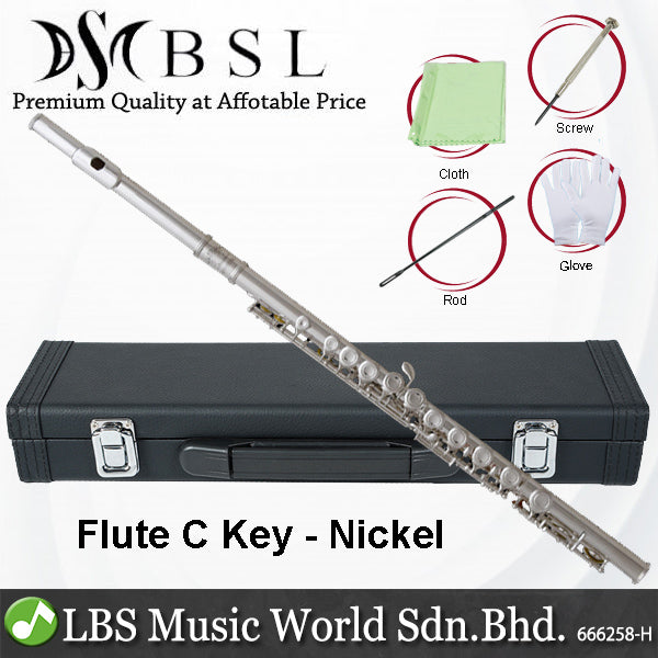 BSL Flute C Key for Beginner Student with Case and Acessories - Nickel / Silver