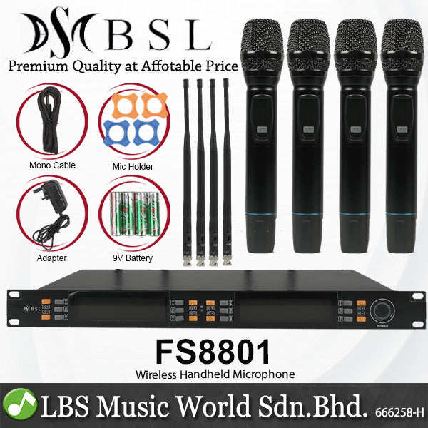 BSL FS8801 4 Channel Handheld Wireless Microphone Systems with Adjustable Mic Frequency
